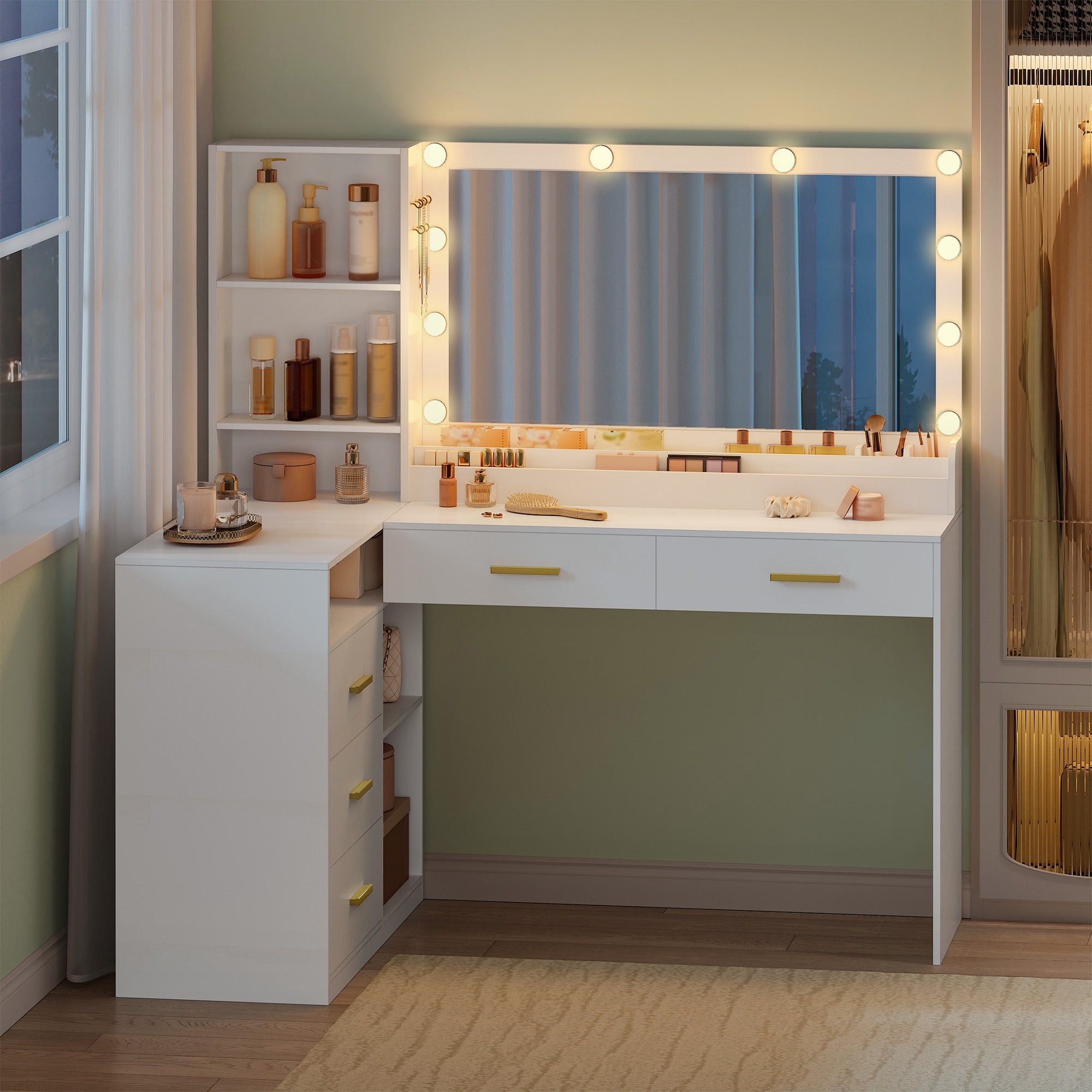 HEXCELEN Dressing Table with Large Mirror, Corner Vanity Table with 5 Drawers, Multiple Open Storage Compartments, 40 x 120 x 139 cm, White,120103X