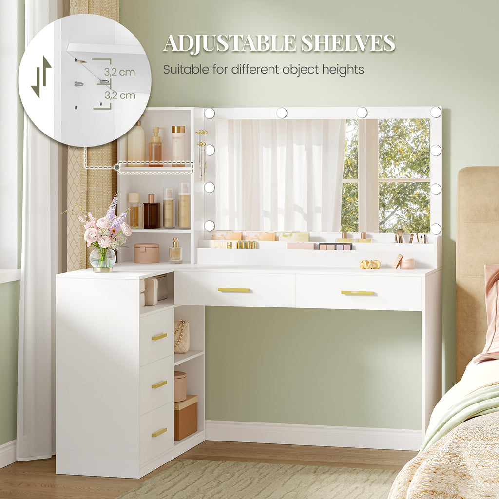HEXCELEN Dressing Table with Large Mirror, Corner Vanity Table with 5 Drawers, Multiple Open Storage Compartments, 40 x 120 x 139 cm, White,1120103X