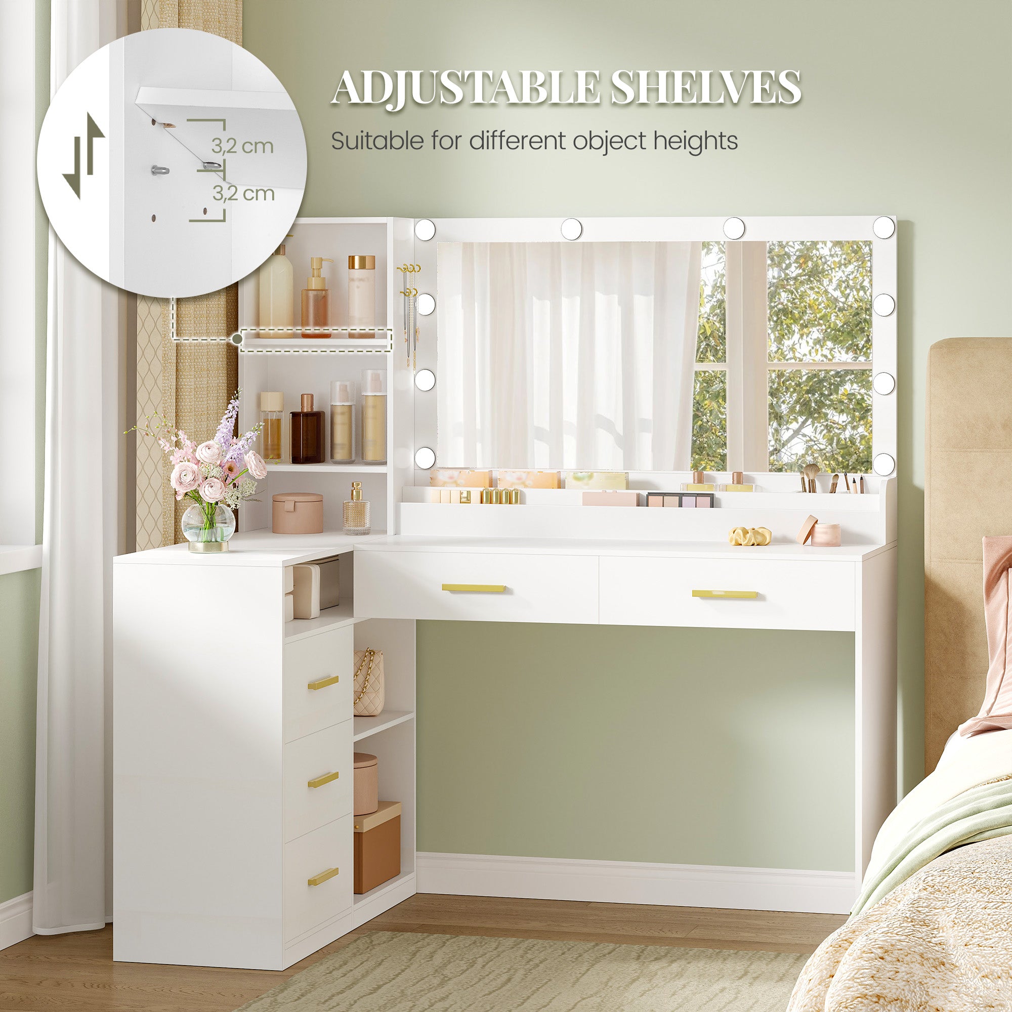 HEXCELEN Dressing Table with Large Mirror, Corner Vanity Table with 5 Drawers, Multiple Open Storage Compartments, 40 x 120 x 139 cm, White,1120103X