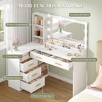 HEXCELEN Dressing Table with Large Mirror, Corner Vanity Table with 5 Drawers, Multiple Open Storage Compartments, 40 x 120 x 139 cm, White,120103X