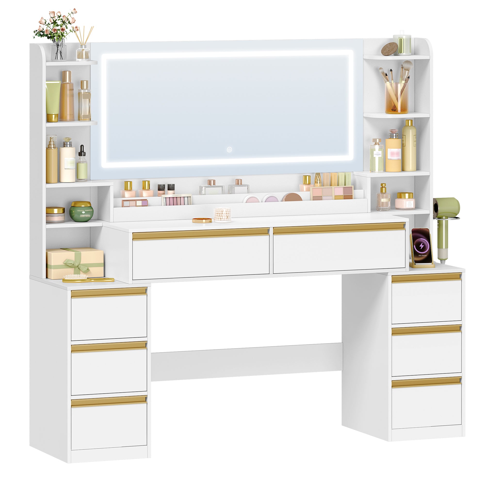 HEXCELEN Dressing Table with Large Mirror, Vanity Table and Hair Dryer Holder, 8 Drawers, Open Compartments, 40 x 149 x 140 cm, Modern White and Gold Dressing Table,1150103X