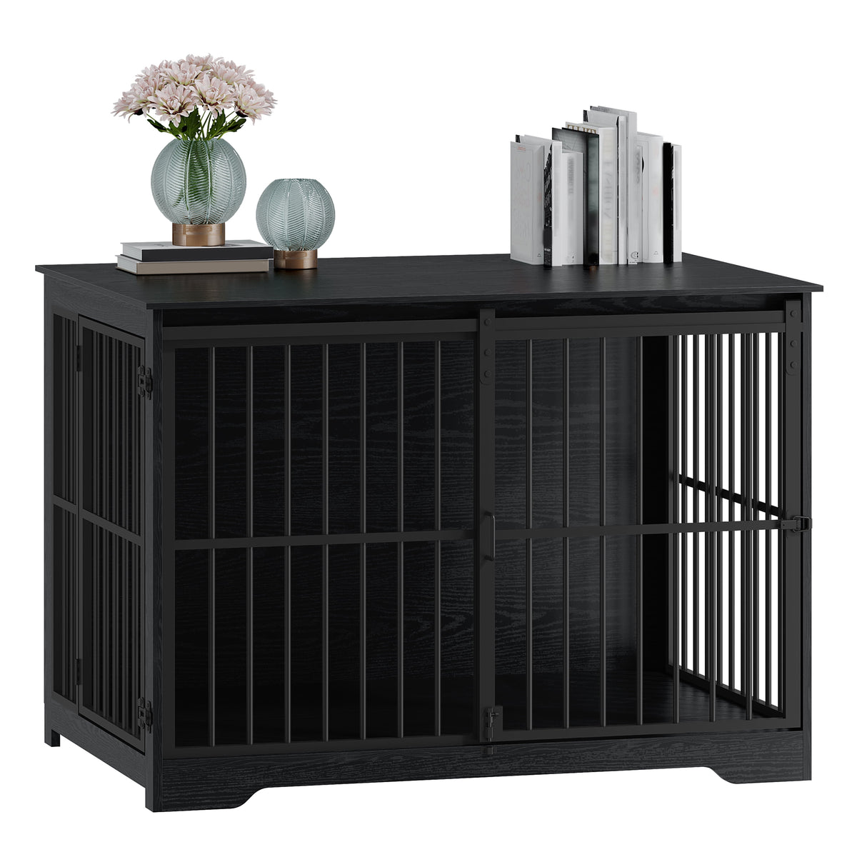 Hzuaneri 44 Inch Dog Crate Furniture, XL Indoor Dog Kennel for Large Dog with Barn Door, Heavy Duty Wooden Dog Cage as TV Stand & End Table, Black
