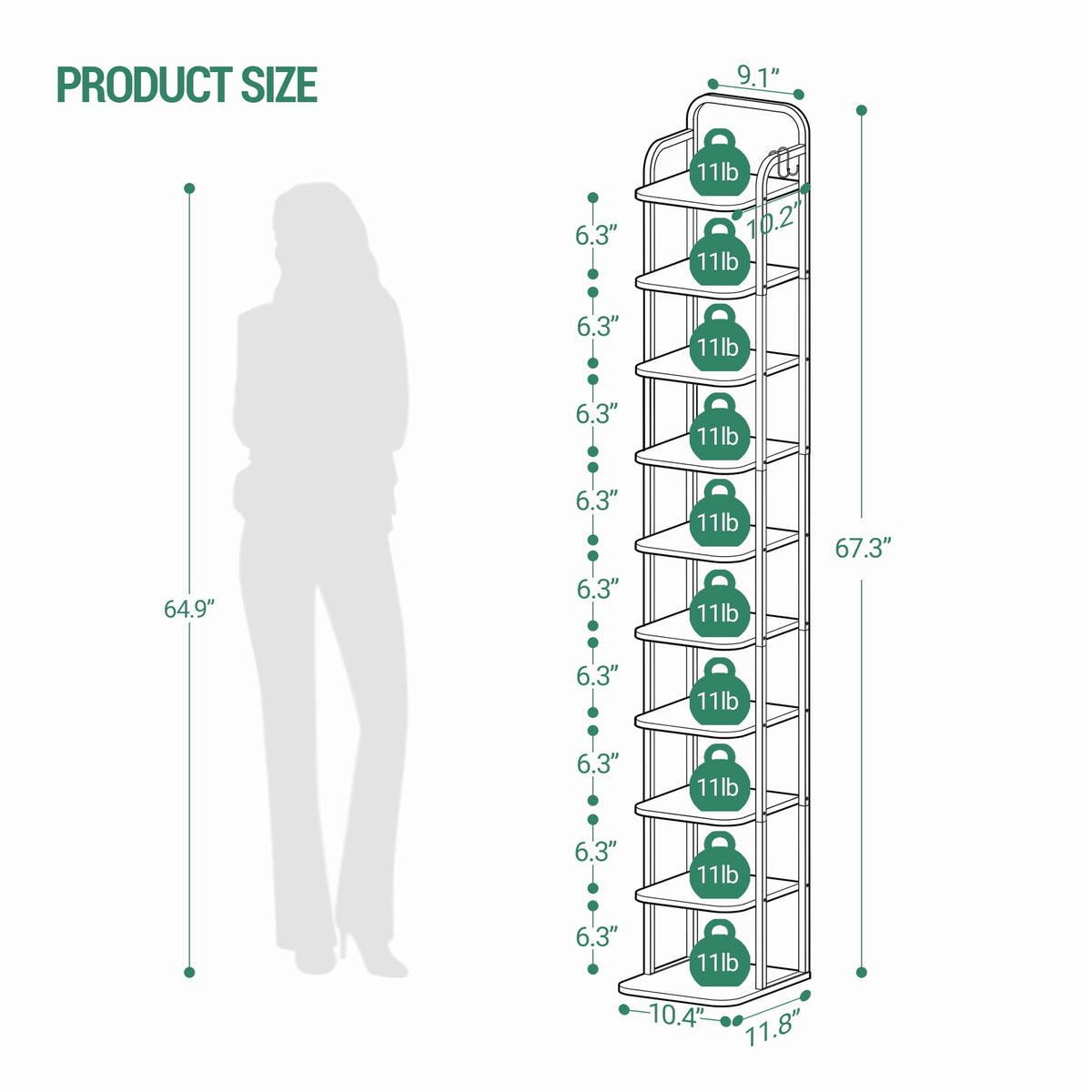 Hzuaneri 10-Tier Vertical Shoe Rack, Tall Shoe Organizer with 2 Hooks, Wooden Shoe Tower for Entryway, Hallway, Closet Space Saving, Free Standing, Black