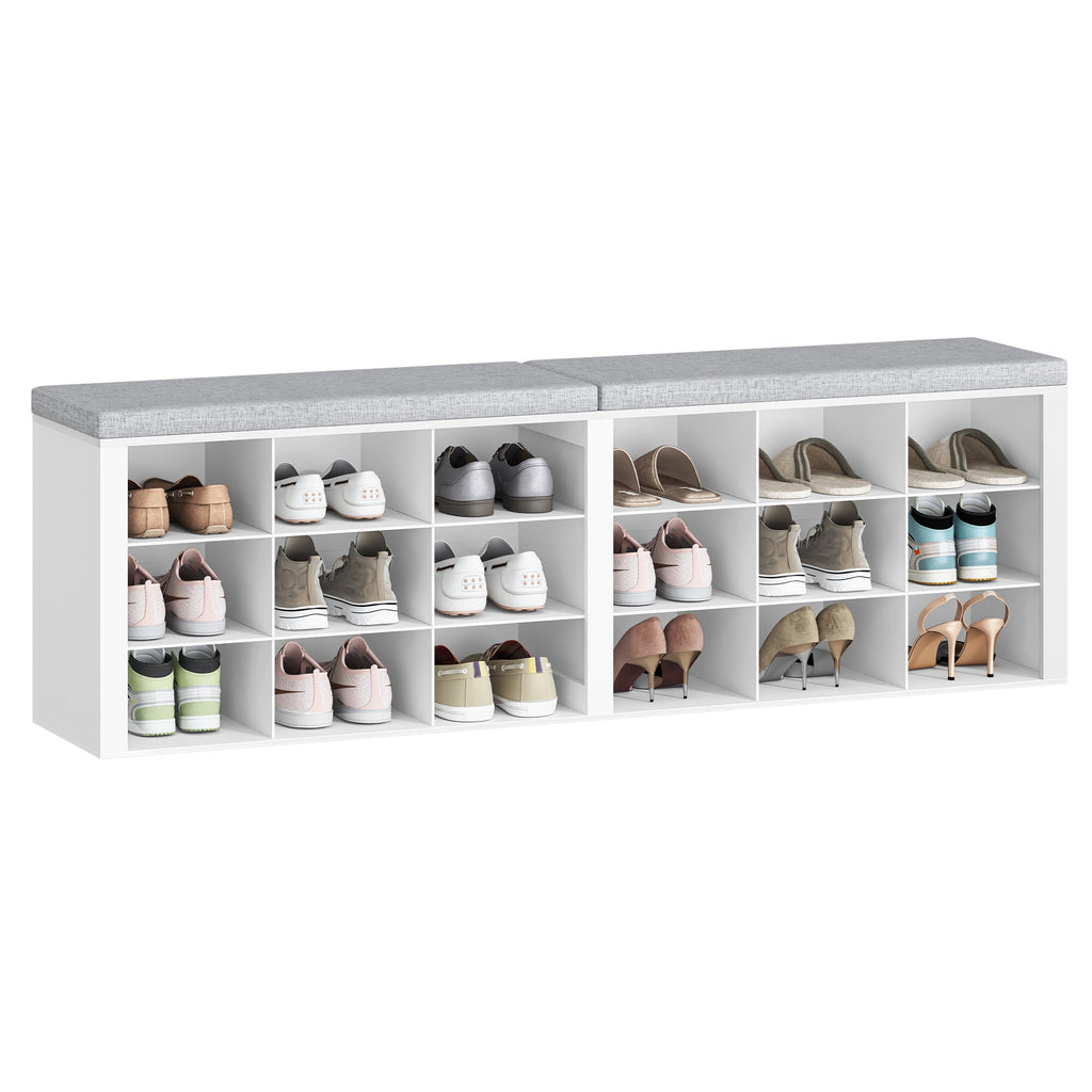 Shoe Storage Bench with Cushion, Entryway Storage Bench with 18 Cubbies, 59" Widened Organizer Cabinet, Long Cubby Rack for Living Room, Bedroom, Entryway, White