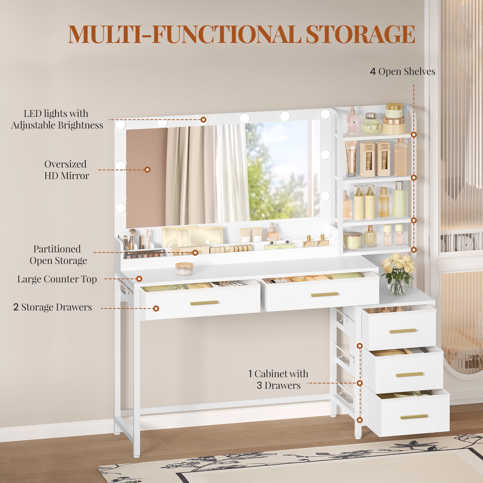 HEXCELEN dressing table, vanity table with large mirror, dressing table with 5 drawers, 5 open compartments, storage space in front of the mirror, white, 40 × 130 × 141 cm,130003W