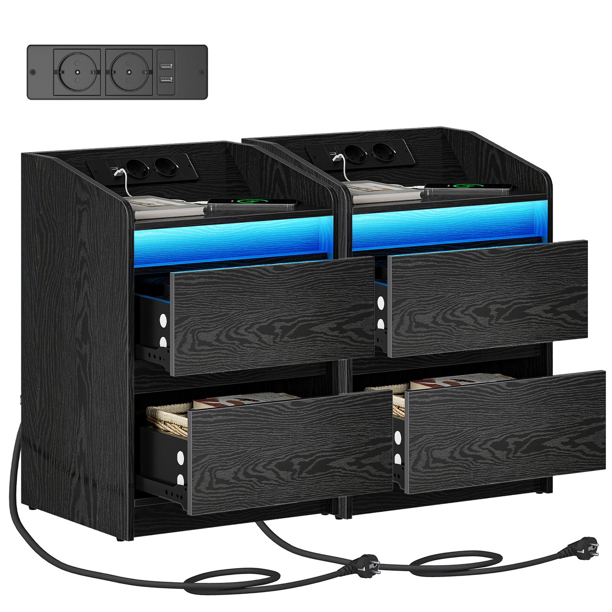 Hzuaneri Nightstand Set of 2 with LED Lights & Charging Station, 2 Drawers, USB Ports & Outlets, Black