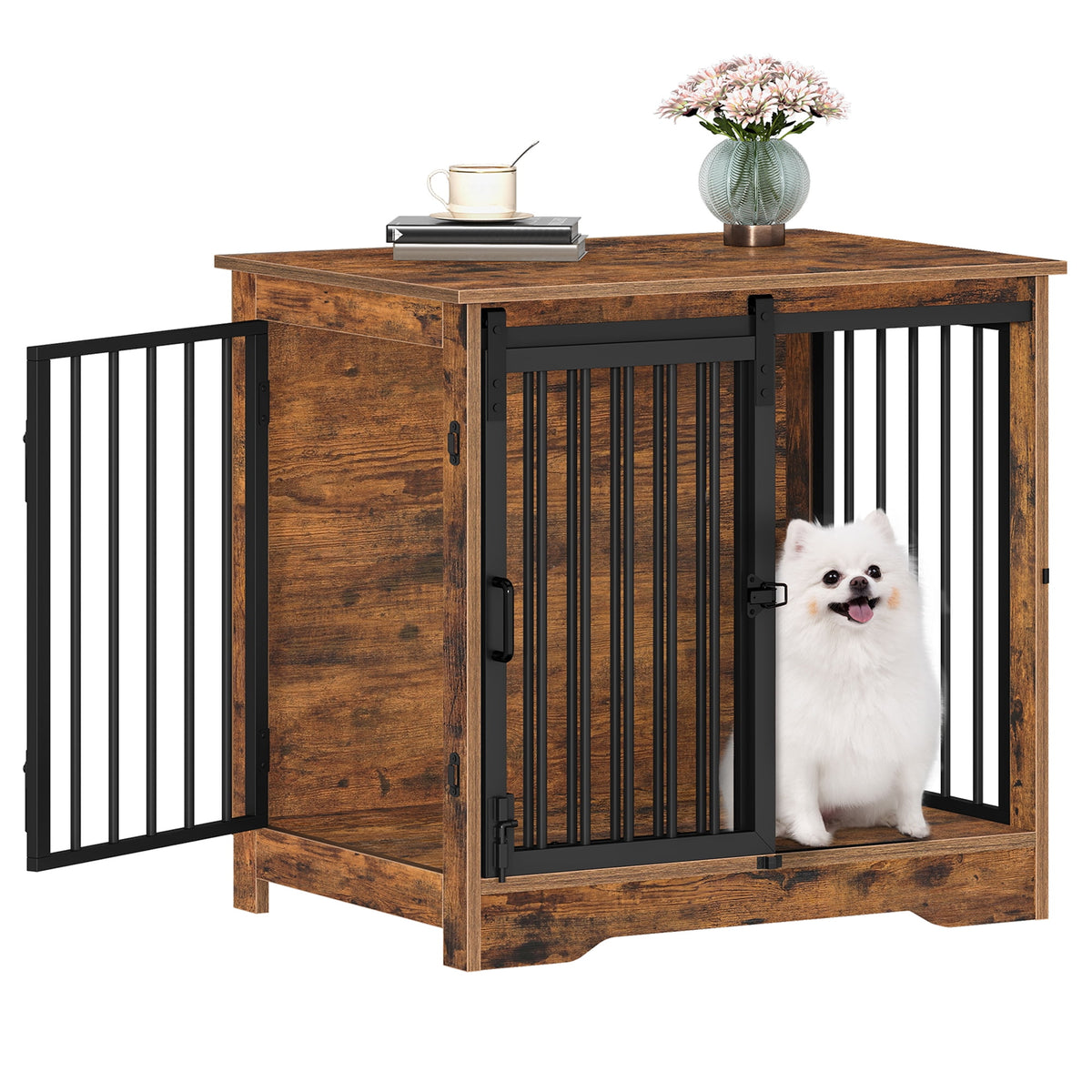 Hzuaneri 27.2" Dog Crate Furniture with Barn Door, Heavy Duty Wooden Kennel for Small Dogs up to 22 lb, Rustic Brown