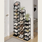 Hzuaneri Vertical Shoe Rack, 8-Tier Narrow Shoe Shelf, Shoe Tower with 2 Hooks, for Small Space, Closet, Entryway, Hallway, Bedroom, Black