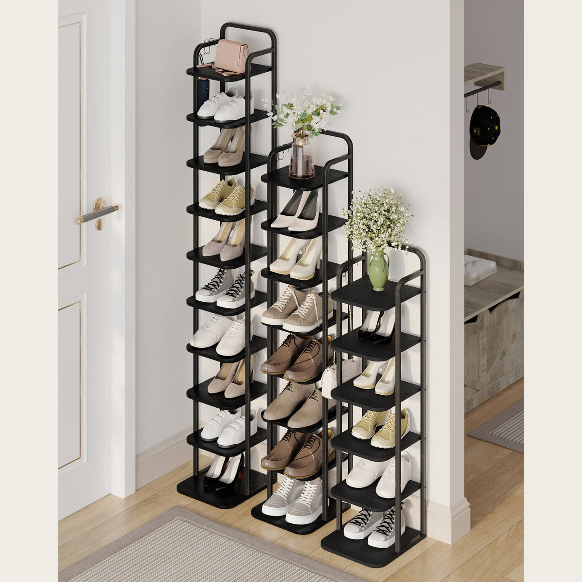 Hzuaneri Vertical Shoe Rack, 8-Tier Narrow Shoe Shelf, Shoe Tower with 2 Hooks, for Small Space, Closet, Entryway, Hallway, Bedroom, Black