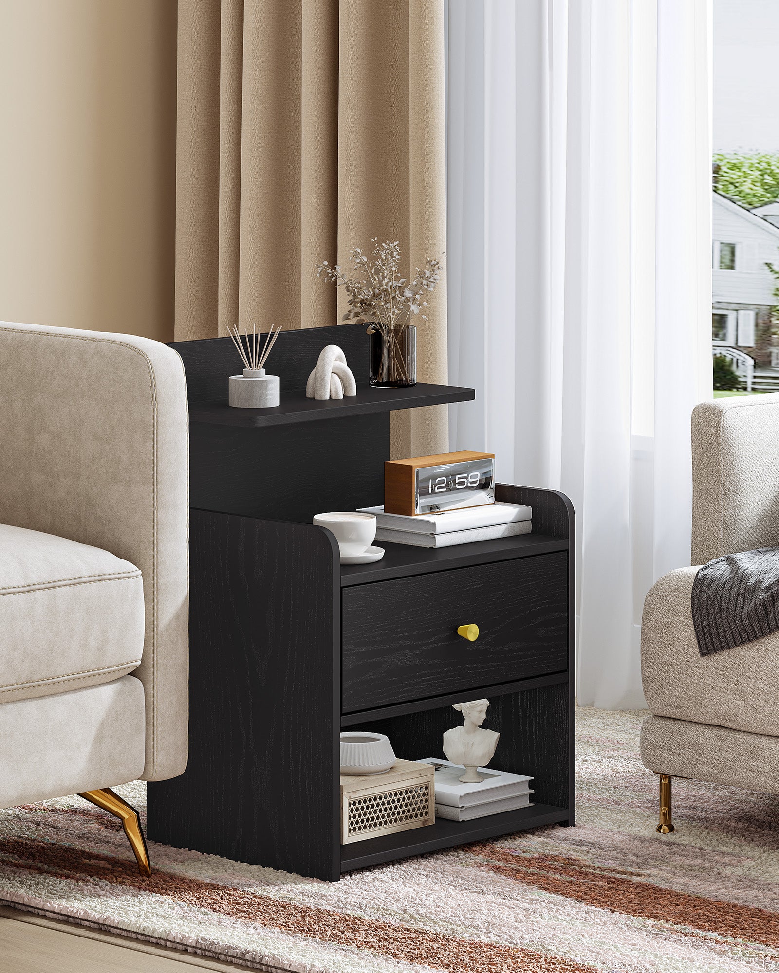 HEXCELEN Nightstand Set of 2, Side Table with 1 Drawer and 2 Open Compartments, Bedside Table, Sofa Table, Space-Saving, for Bedroom, Living Room, Modern, Black 411204X