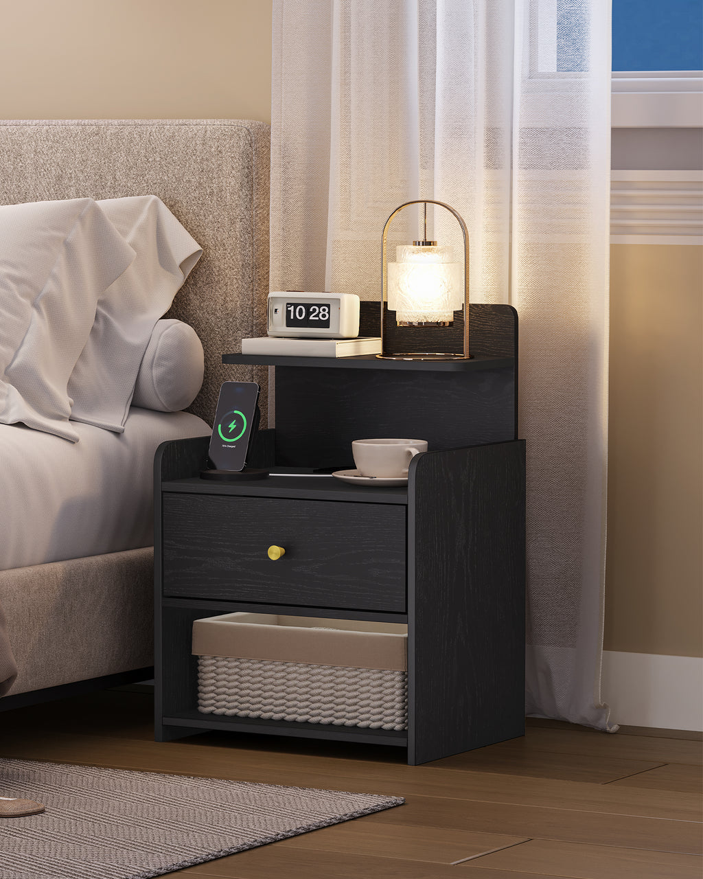HEXCELEN Nightstand, Side Table with 1 Drawer and 2 Open Compartments, Bedside Table, Sofa Table, Space-Saving, for Bedroom, Living Room, Modern, Black 411104X