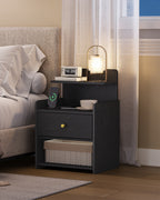 HEXCELEN Nightstand, Side Table with 1 Drawer and 2 Open Compartments, Bedside Table, Sofa Table, Space-Saving, for Bedroom, Living Room, Modern, Black 411104X