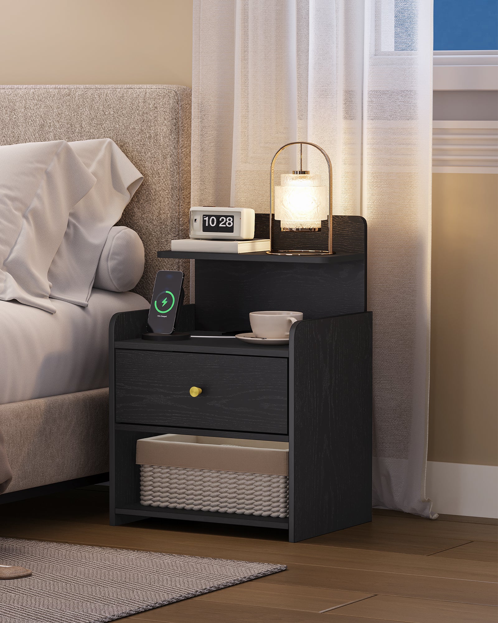 HEXCELEN Nightstand, Side Table with 1 Drawer and 2 Open Compartments, Bedside Table, Sofa Table, Space-Saving, for Bedroom, Living Room, Modern, Black 411104X