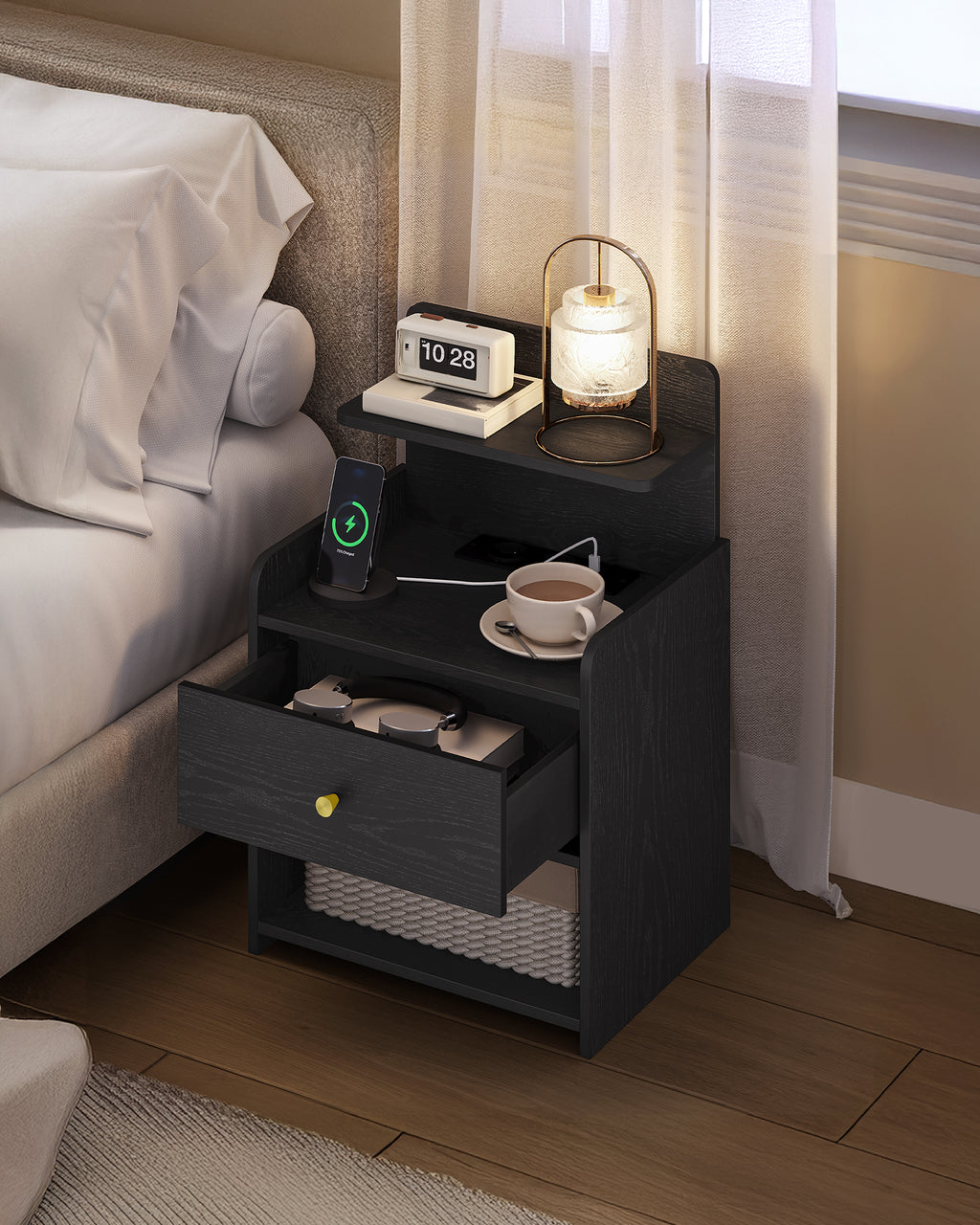 HEXCELEN Nightstand Set of 2, Side Table with 1 Drawer and 2 Open Compartments, Bedside Table, Sofa Table, Space-Saving, for Bedroom, Living Room, Modern, Black 411204X