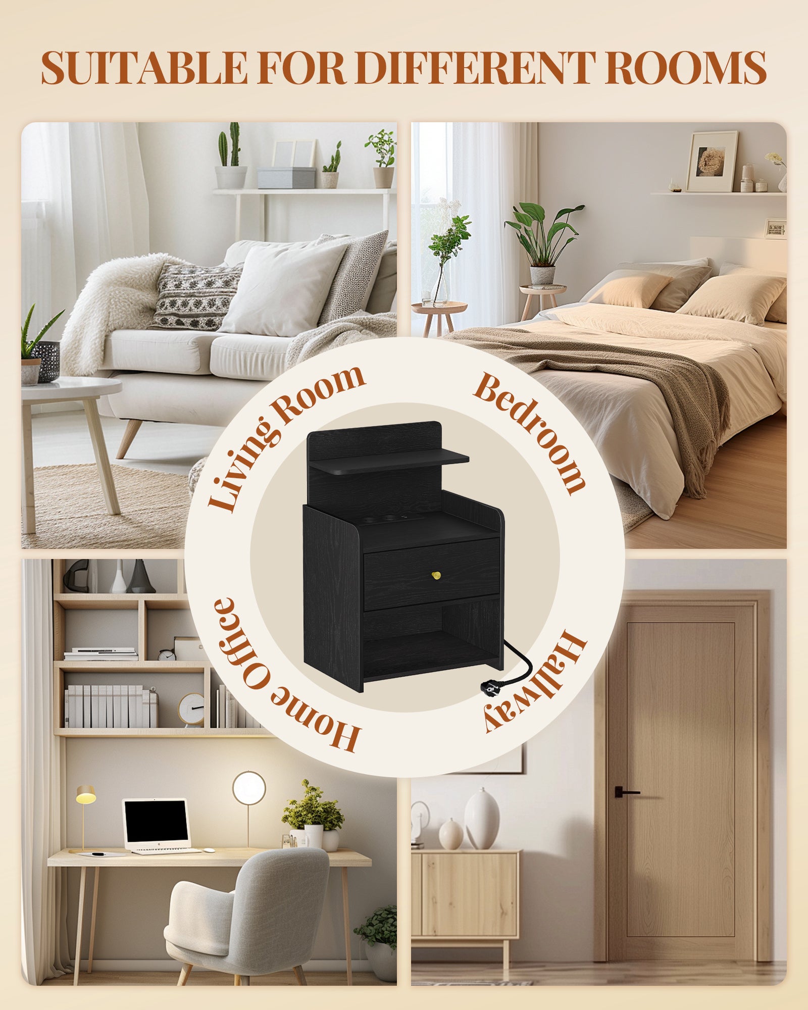 HEXCELEN Nightstand, Side Table with 1 Drawer and 2 Open Compartments, Bedside Table, Sofa Table, Space-Saving, for Bedroom, Living Room, Modern, Black 411104X