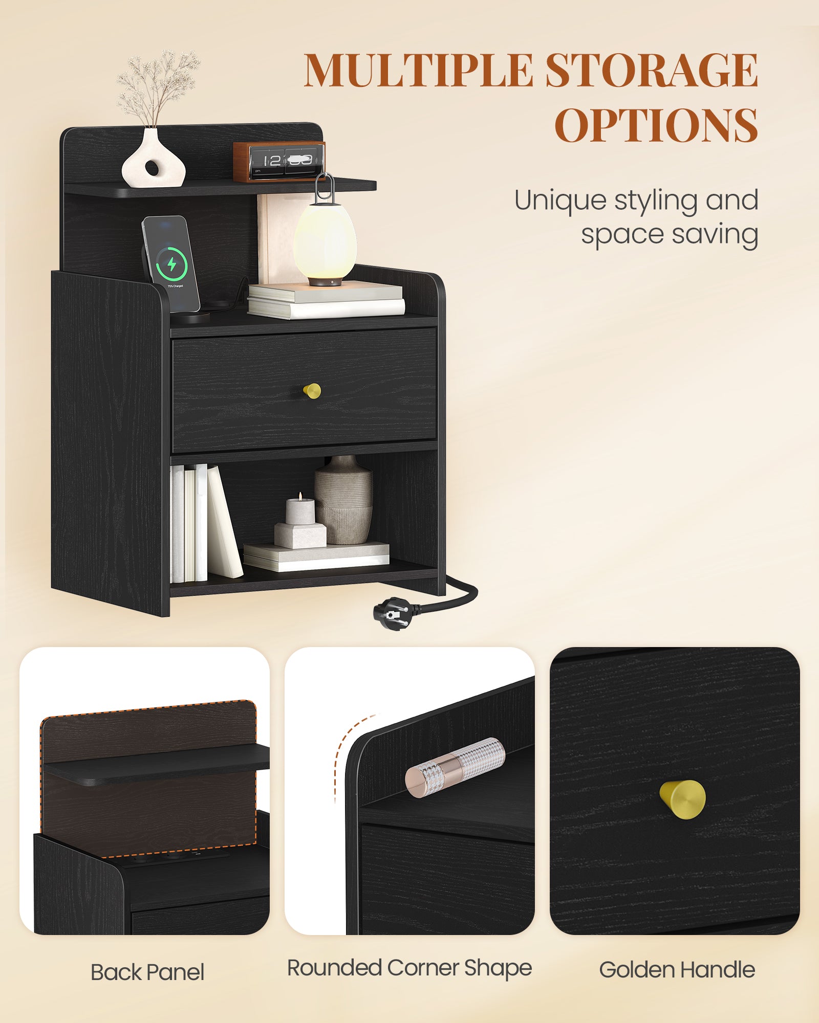 HEXCELEN Nightstand Set of 2, Side Table with 1 Drawer and 2 Open Compartments, Bedside Table, Sofa Table, Space-Saving, for Bedroom, Living Room, Modern, Black 411204X