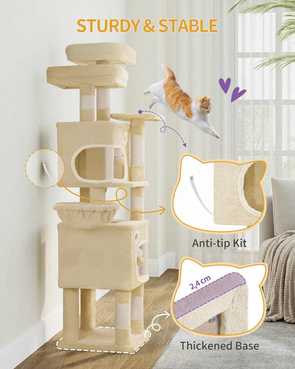 Hzuaneri Cat Tree, 159 cm with 8 Scratching Posts, Beige with 3 Platforms, 2 Caves, Basket, Plush Balls, Sisal Rope, Suitable for Cats of Various Sizes, MS15918YL