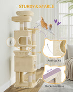 Hzuaneri Cat Tree, 159 cm with 8 Scratching Posts, Beige with 3 Platforms, 2 Caves, Basket, Plush Balls, Sisal Rope, Suitable for Cats of Various Sizes, MS15918YL
