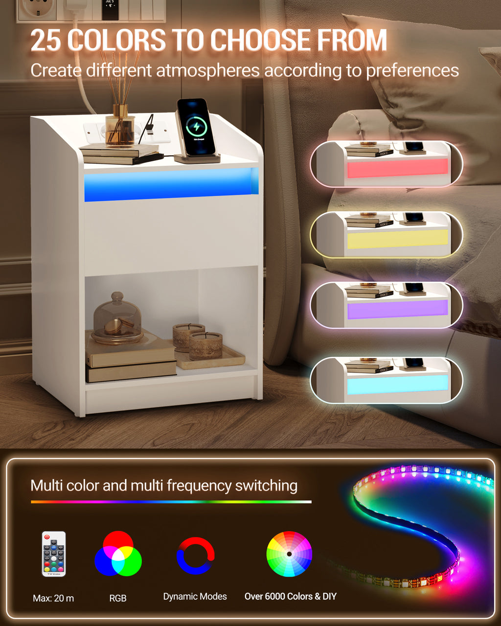 Hzuaneri Bedside Table with LED Light & Charging Station, 2 USB Ports & Outlets, Storage Drawer