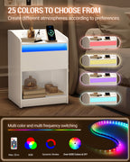 Hzuaneri Bedside Table with LED Light & Charging Station, 2 USB Ports & Outlets, Storage Drawer