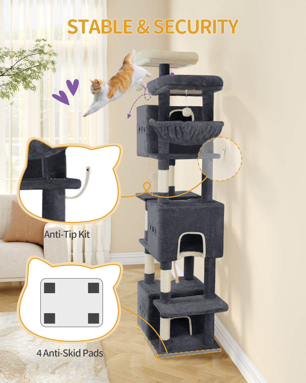 Hzuaneri Large Cat Tree, 193 cm High, XXL Cat Tree, with 7 Scratching Posts, 3 Caves, 2 Platforms, 2 Plush Balls, Basket