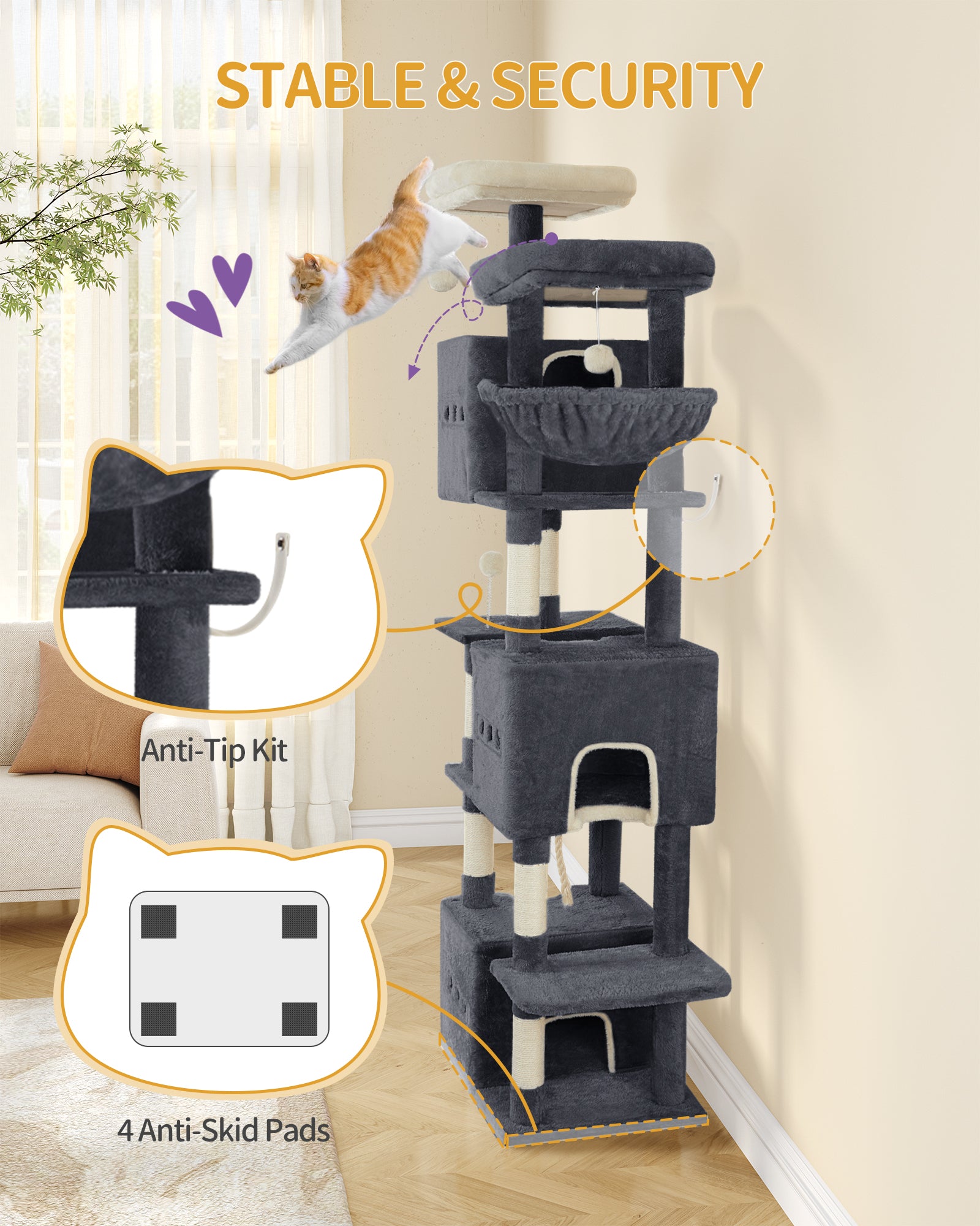 Hzuaneri Large Cat Tree, 193 cm High, XXL Cat Tree, with 7 Scratching Posts, 3 Caves, 2 Platforms, 2 Plush Balls, Basket