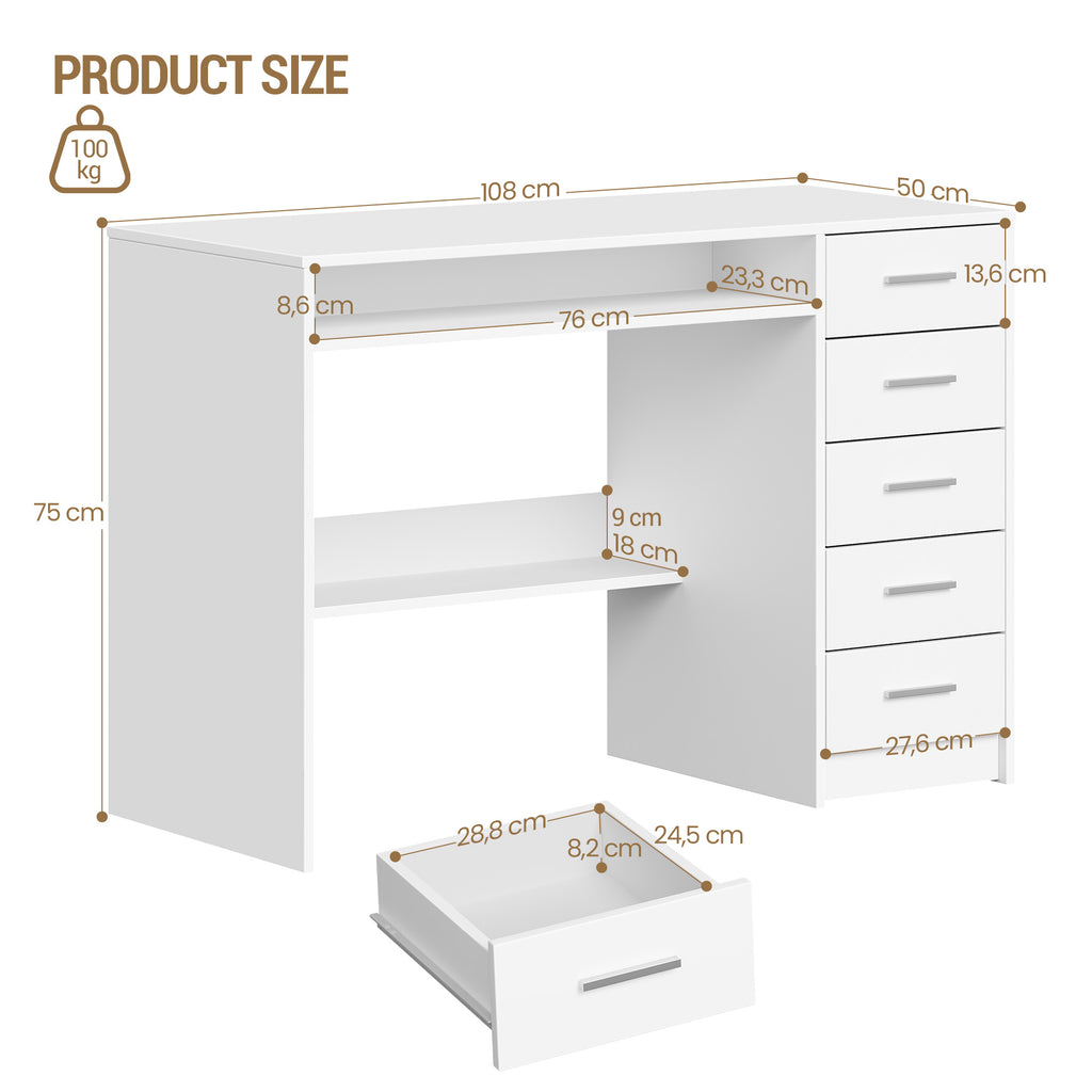 Hzuaneri Computer Desk with 5 Drawers, Office Desk, Modern Table with Shelf for Study, Office, Bedroom, 50 x 108 x 75 cm, White CD10503X