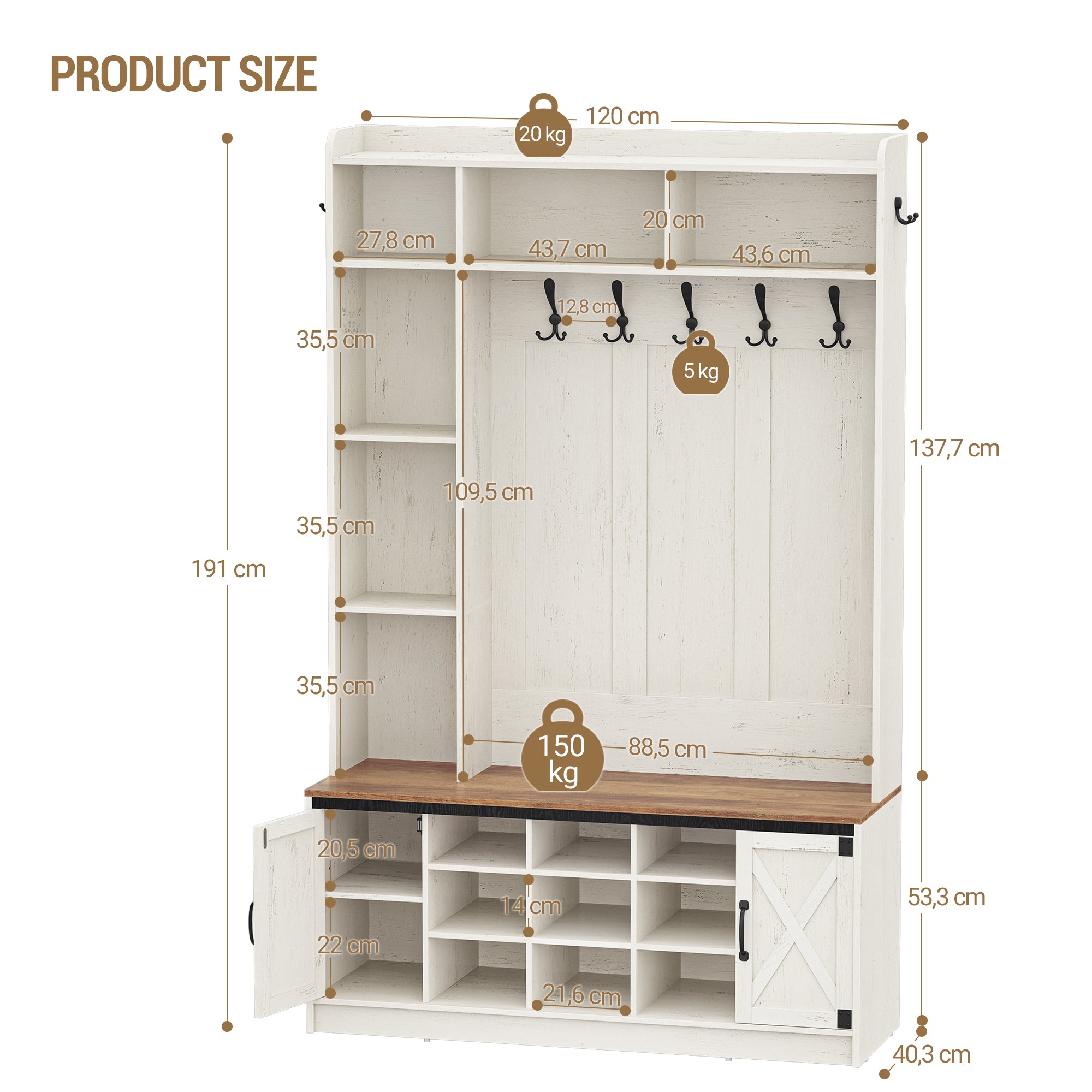 Hzuaneri Coat Rack with Bench, Wardrobe with LED Lighting, Clothes Rack, Adjustable Shelves, 15 Open Compartments, 7 Hooks, for Entrance Area, 40.3 x 120 x 191 cm, White-Brown HT24614X
