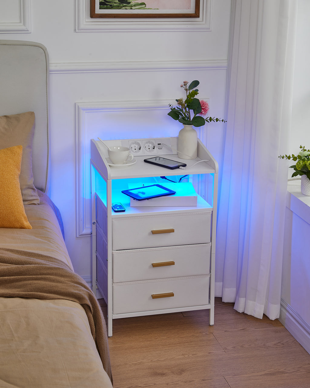 Hzuaneri Bedside Table with LED Lights & Charging Station, 3 Fabric Drawers, USB Ports & Power Outlets, White