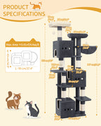 Hzuaneri Large Cat Tree, 193 cm High, XXL Cat Tree, with 7 Scratching Posts, 3 Caves, 2 Platforms, 2 Plush Balls, Basket