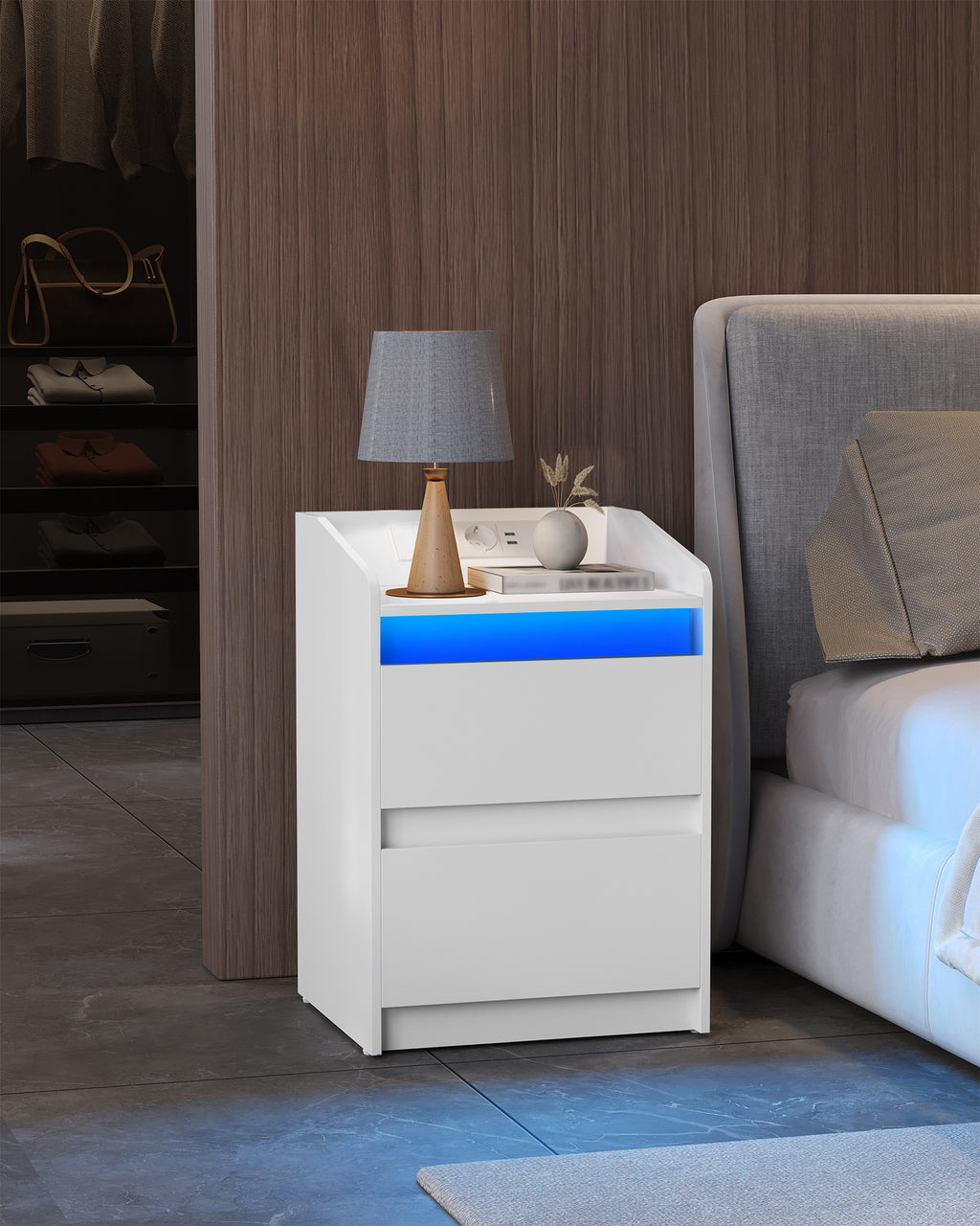 Hzuaneri Bedside Table with LED Lights & Charging Station, 2 Drawers, USB Ports and Power Outlets, White