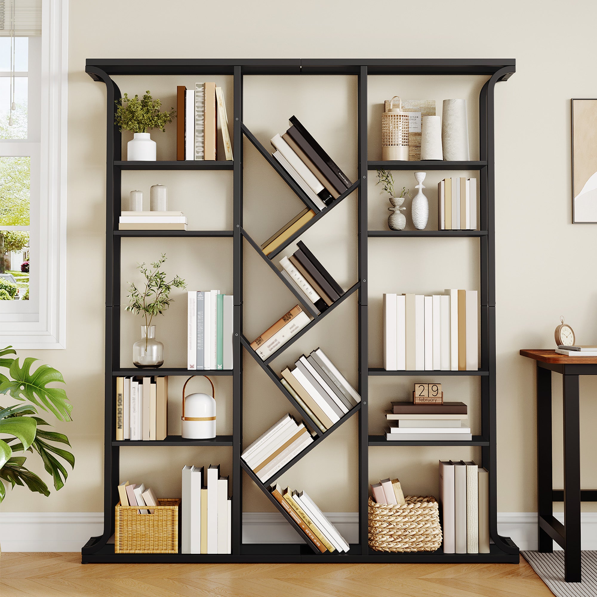 Hzuaneri Bookshelf, 3 Columns, 6 Tier Tree-Shaped Bookcase, 17 Open Independent Shelves, for Home Office, Bedroom, Living Room, 24 x 156 x 180 cm, Black BC53204B