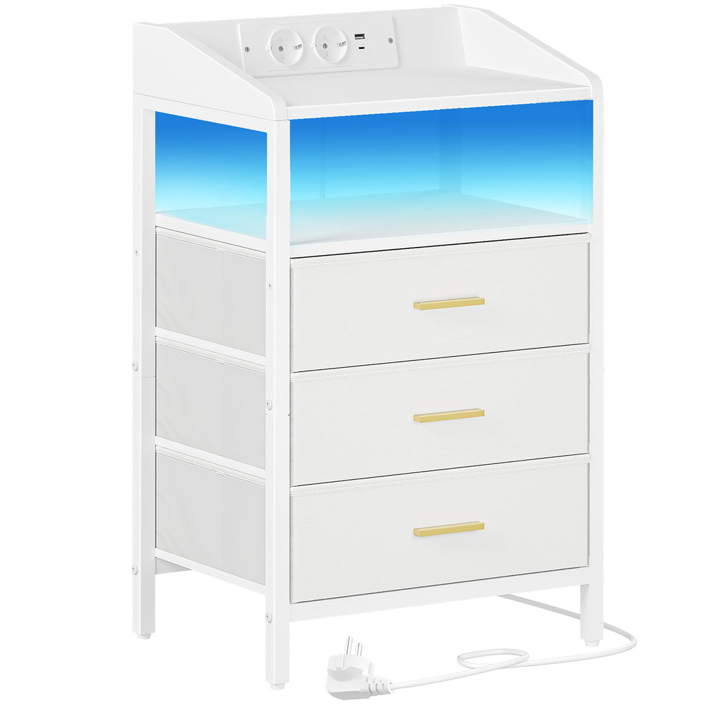 Hzuaneri Bedside Table with LED Lights & Charging Station, 3 Fabric Drawers, USB Ports & Power Outlets, White