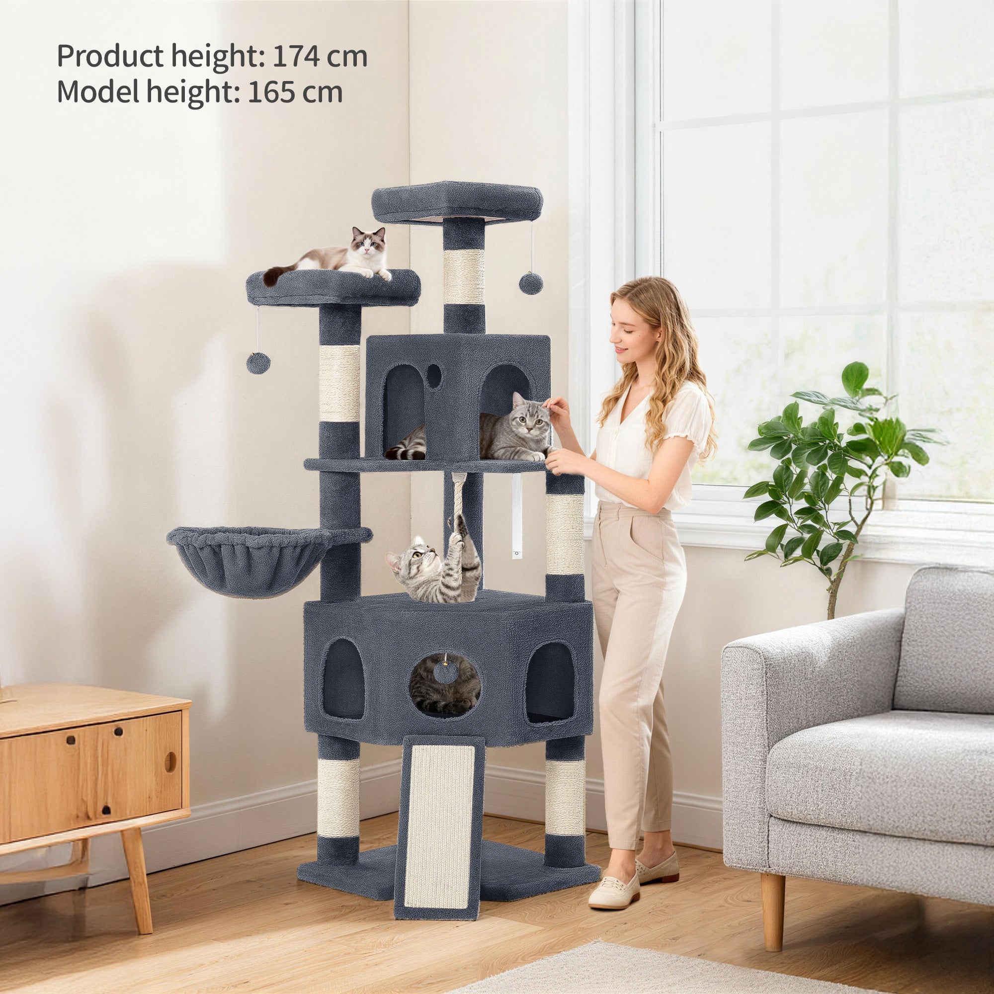 Hzuaneri Cat Tree for Indoor Cats, 174cm Cat Tower for Large Cats, 2 Platforms, 2 Caves, 4 Sisal Posts, Scratching Board, Cat Basket, Sisal Rope, Heavy-Duty for multiple cats, Dark Grey MS17418SG