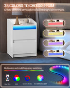 Hzuaneri Bedside Table with LED Lights & Charging Station, 2 Drawers, USB Ports and Power Outlets, White