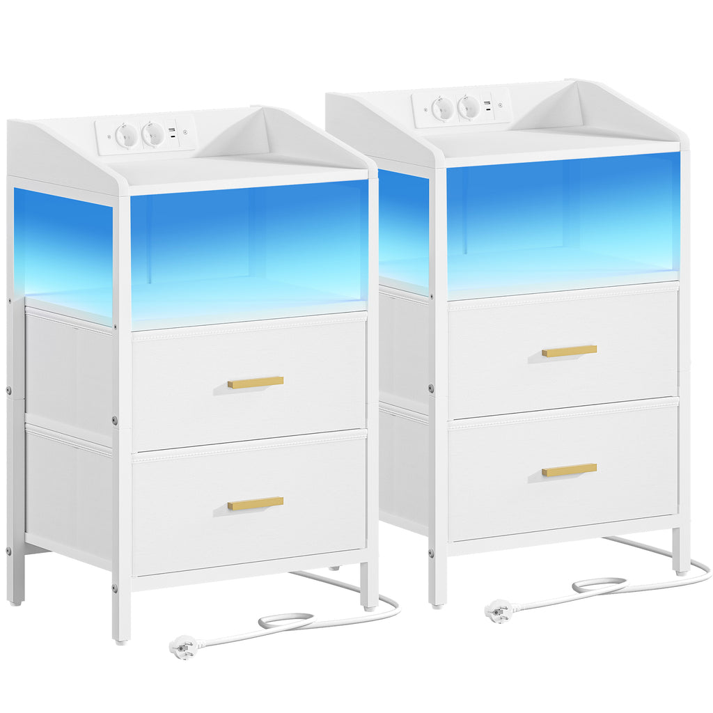Hzuaneri Bedside Table Set of 2 with LED Lights & Charging Station, USB Ports & Outlets, White