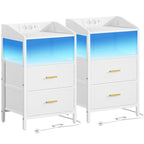 Hzuaneri Bedside Table Set of 2 with LED Lights & Charging Station, USB Ports & Outlets, White