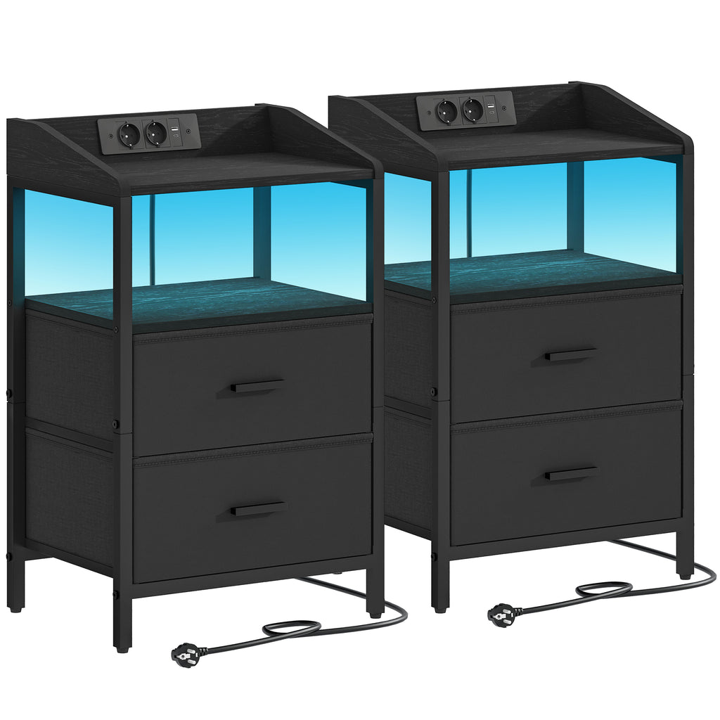 Hzuaneri Bedside Table Set of 2 with LED Lights & Charging Station, USB Ports & Outlets, Black
