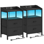 Hzuaneri Bedside Table Set of 2 with LED Lights & Charging Station, USB Ports & Outlets, Black