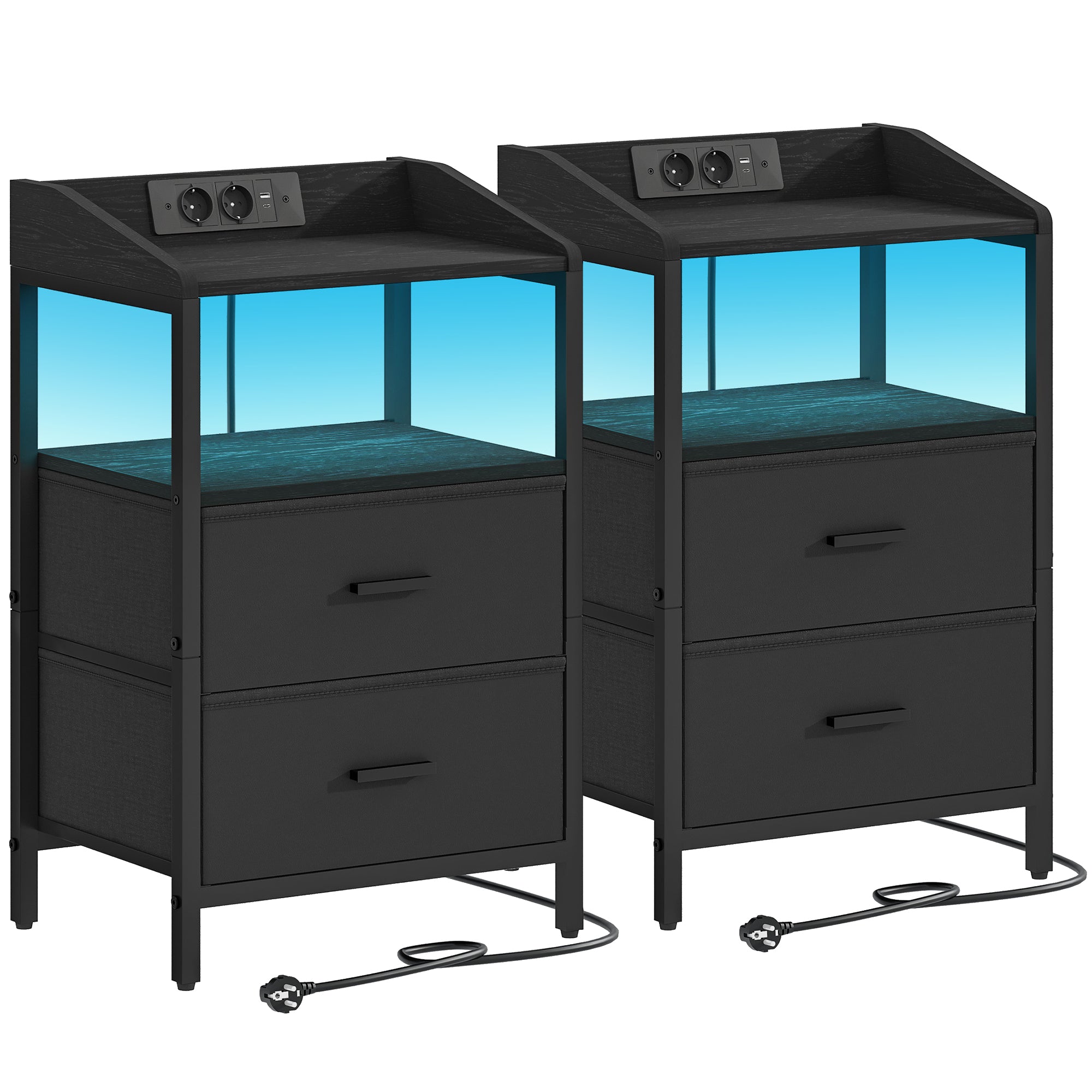 Hzuaneri Bedside Table Set of 2 with LED Lights & Charging Station, USB Ports & Outlets, Black