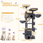Hzuaneri Large Cat Tree, 185cm Stable Cat Tree with 6 Scratching Posts, 3 Caves, 2 Viewing Platforms, 2 Baskets, 4 Plush Balls