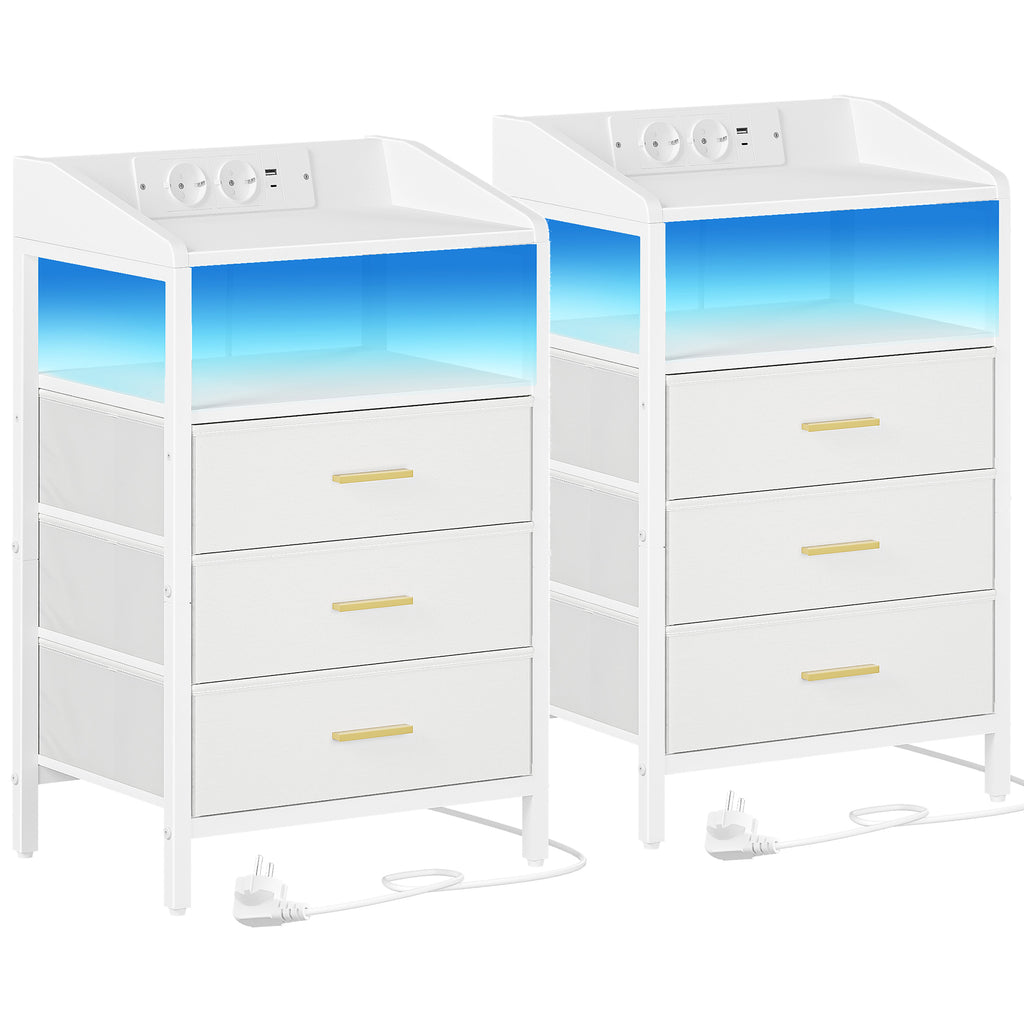Hzuaneri Bedside Table Set of 2 with LED Lights & Charging Station, 3 Fabric Drawers, USB Ports & Sockets, White