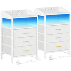 Hzuaneri Bedside Table Set of 2 with LED Lights & Charging Station, 3 Fabric Drawers, USB Ports & Sockets, White