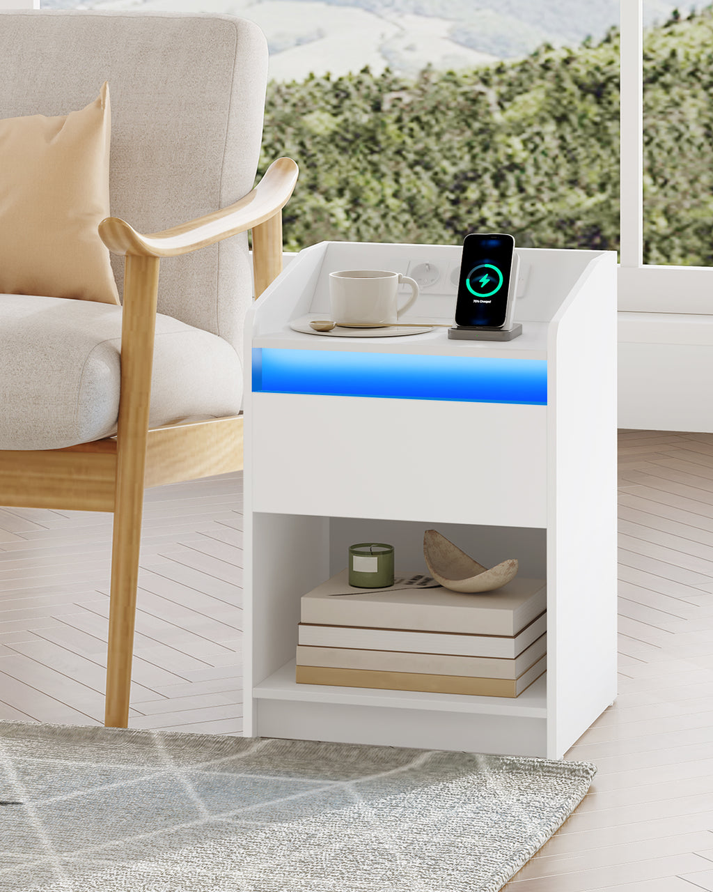 Hzuaneri Bedside Table with LED Light & Charging Station, 2 USB Ports & Outlets, Storage Drawer