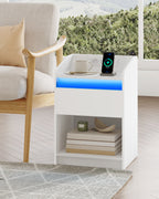 Hzuaneri Bedside Table with LED Light & Charging Station, 2 USB Ports & Outlets, Storage Drawer