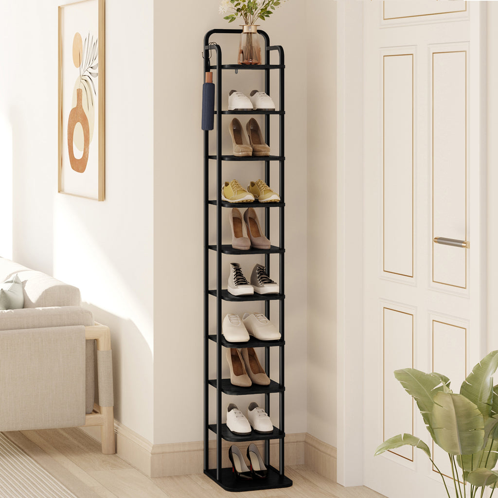 Hzuaneri 10-Tier Vertical Shoe Rack, Tall Shoe Organizer with 2 Hooks, Wooden Shoe Tower for Entryway, Hallway, Closet Space Saving, Free Standing, Black