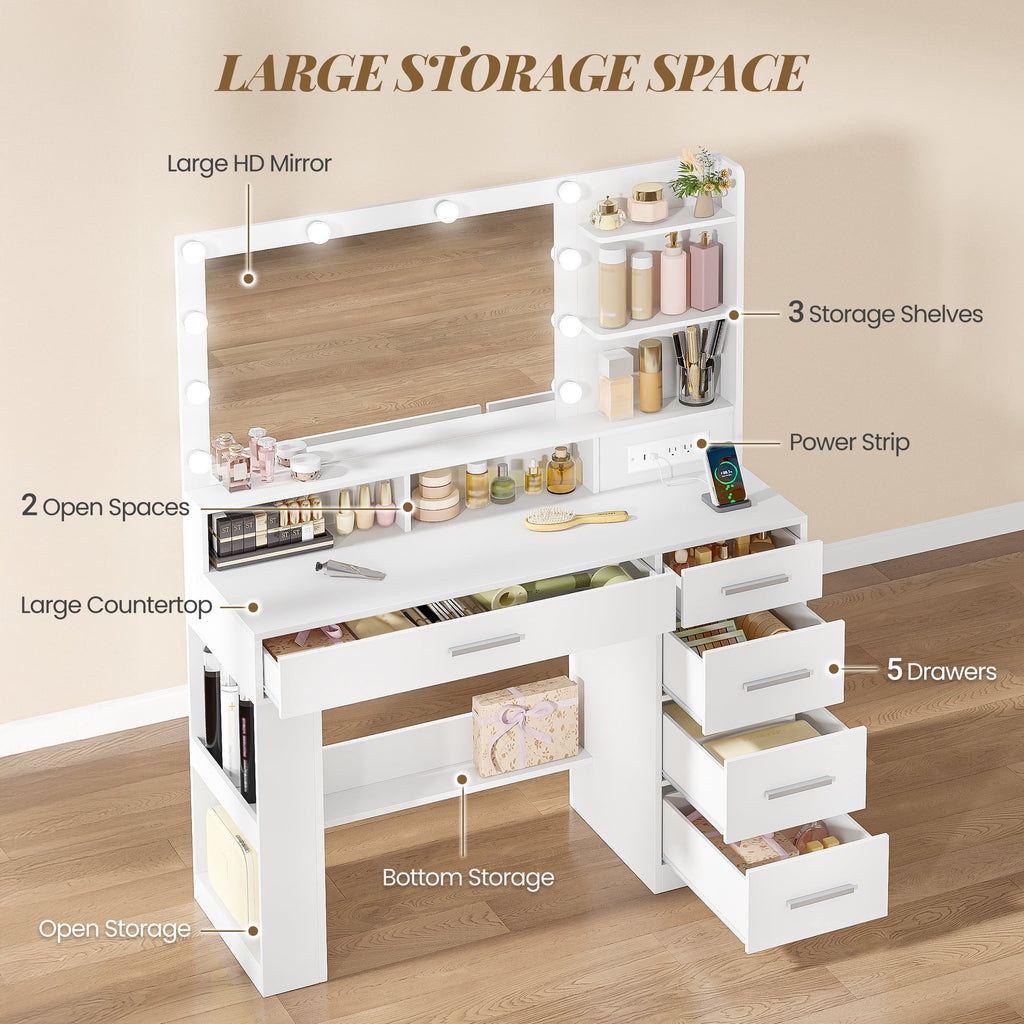Hzuaneri Makeup Vanity Desk, 43"W Vanity Table with 3-Color LED Mirror & Power Outlet, 5 Drawers & 3 Open Shelves, Makeup Desk for Girls Bedroom, White