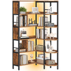 Hzuaneri 5-Tier Corner Bookshelf with LED Light, L-Shaped Bookcase with Metal Frame and Wooden Board, Industrial Bookcase with Display Shelf for Living Room Home Office, Rustic Brown