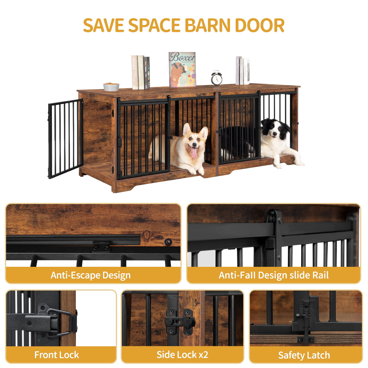 Hzuaneri 78" Large Double Dog Crate Furniture, Indoor Dog Kennel Furniture for 2 Dogs with Divider, Dual Sliding Barn Doors, Heavy Duty Dog Cage Furniture as TV Stand
