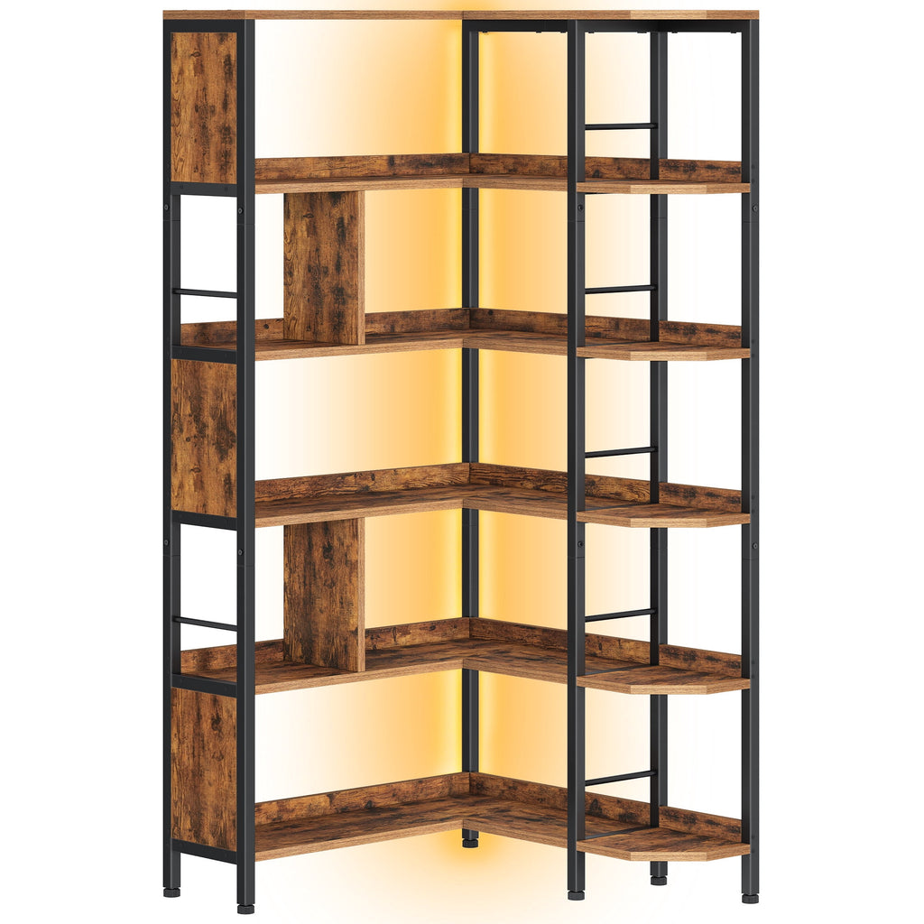 Hzuaneri 5-Tier Corner Bookshelf with LED Light, L-Shaped Bookcase with Metal Frame and Wooden Board, Industrial Bookcase with Display Shelf for Living Room Home Office, Rustic Brown